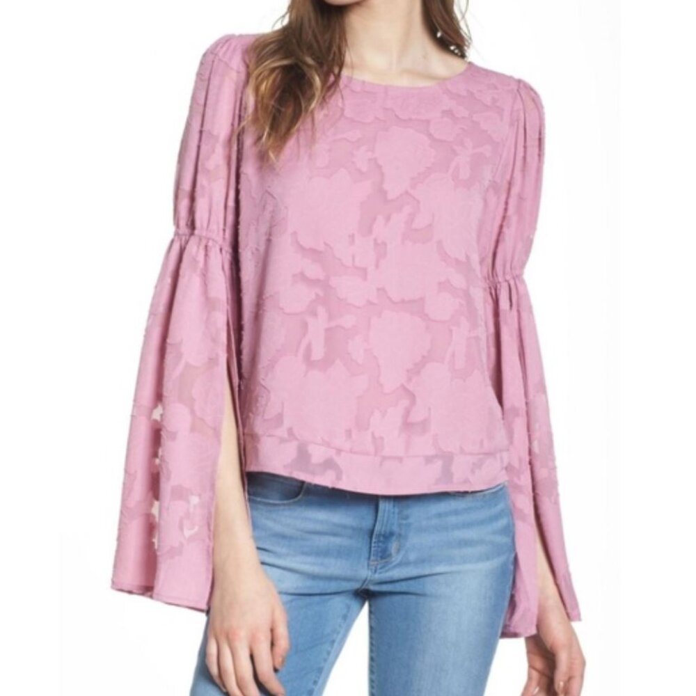 Leith | Orchid Purple Floral Patterned Sheer Overlay Top w/ Bell Sleeves | Large